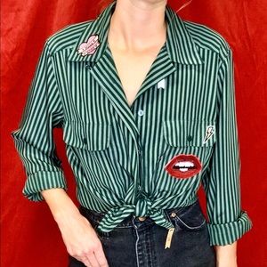 Green button down shirt with patches